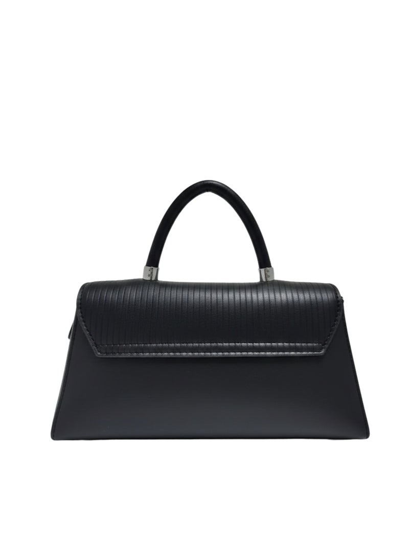 BB Women's Structured Trapezoid Satchel – Premium Top-Handle Handbag with Metallic Logo and Flap Closure – Black - Image 3